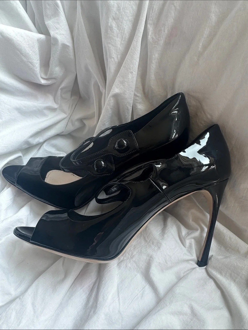 Miu Miu Black Patent Leather Mary Jane Peep-Toe Heels with Double Straps